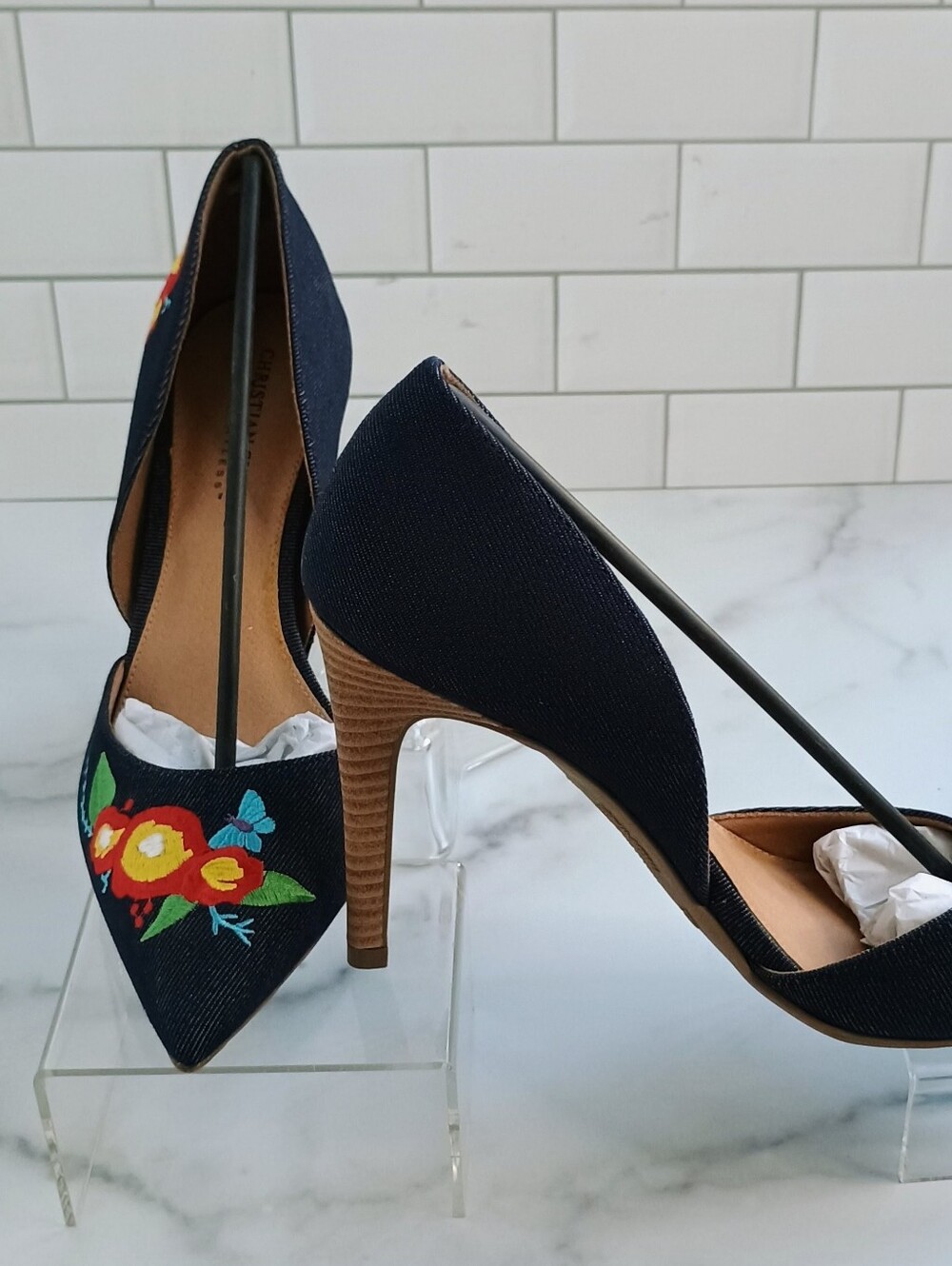 Christian Siriano Dark Denim Embroidered Pointed-Toe d'Orsay Pumps - Picture 3 of 14